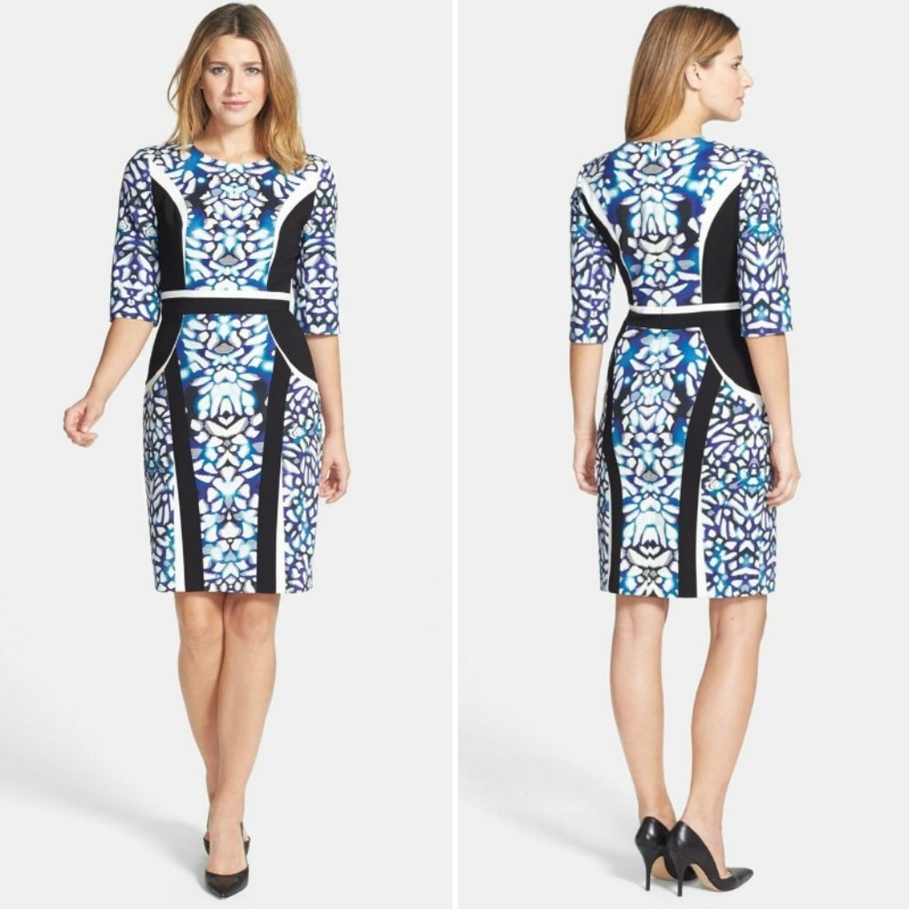 Classiques Entier Womens Nina Print Ponte Sheath Dress Office Navy Black Pattern
